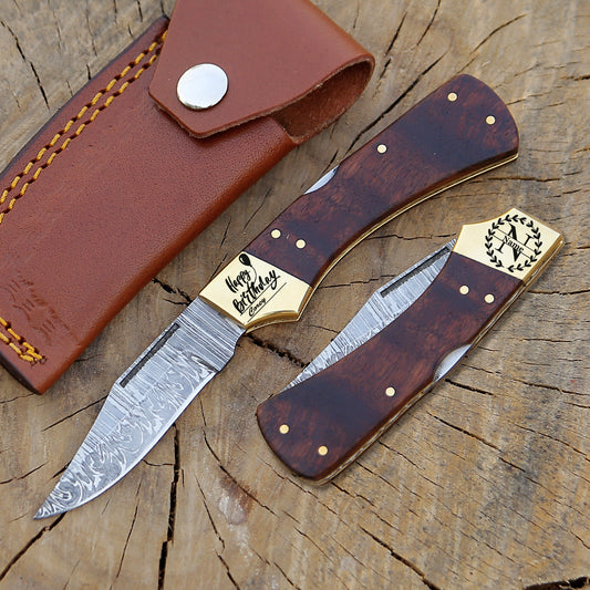 Custom Damascus Folding Knife – Outdoor Camping, Hunting & Survival EDC Blade Rosewood Handle with Pouch.