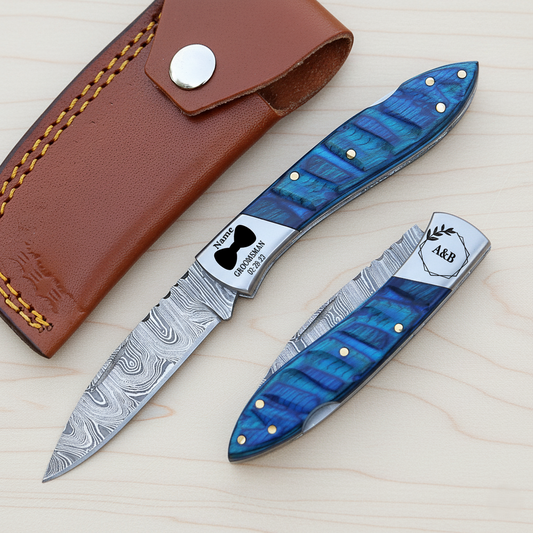 Customized Damascus steel Pocket Knife with Blue wood Handle Hunting , EDC Skinner Knife with Pouch.