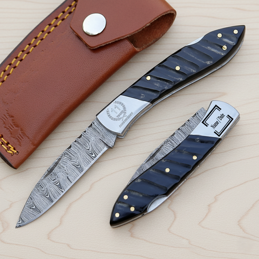 Custom Engraved Damascus Steel Folding Knife | Handmade Pocket Knife with Leather Sheath | Gift for Dad, Collector & Outdoor Use