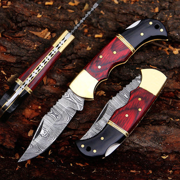 Custom Handmade Damascus steel Pocket Knife, Red & Black Folding knife with Pouch, EDC Camping Knife.