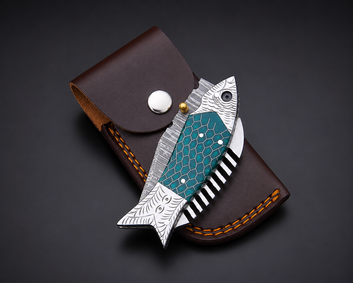 Personalized Handmade Damascus steel Fish Pocket Knife, Liner lock folding knife, Green Resin handle with Pouch Birthday Wedding Anniversary gift for Men