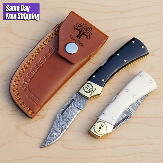 Custom Handmade Damascus Folding Knife | Black Handle hunting Knife Unique Gift for Father or Husband