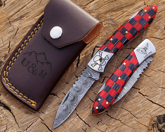 Handmade Damascus Steel Folding Knife – Custom Engraved Pocket Knife for Outdoor, Camping & Gifts.