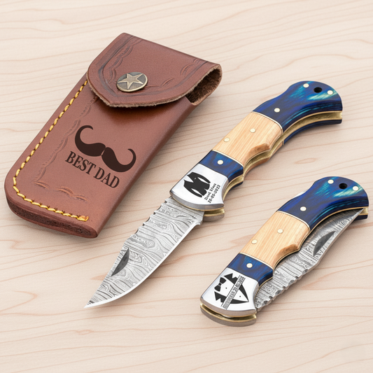 Custom Engraved Damascus Steel Folding Knife ,Best Dad Gift, Personalized hunting Camping Pocket Knife with Leather Sheath