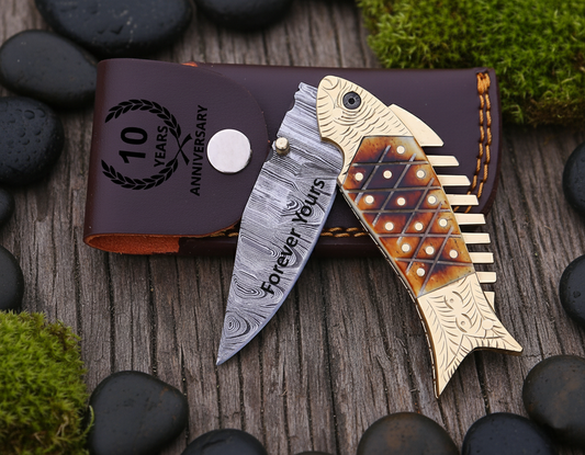 Handmade Damascus Steel Fish Pocket Knife Bone Handle with Leather Sheath, Personalized Gift for Him