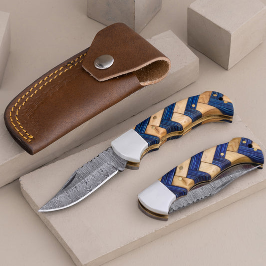 Personalized Folding Knife | Damascus Steel Blade, Leather Sheath | Best Dad Engraved Gift for Him