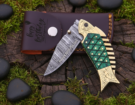 Custom Engraved Damascus Steel Pocket Knife , Hunting, Camping & EDC Folding Knife , Personalized Gift for Men