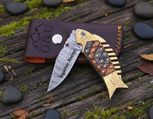 Custom Engraved Damascus Steel Folding Knife | Personalized EDC & Hunting Pocket Knife | Gift for Men