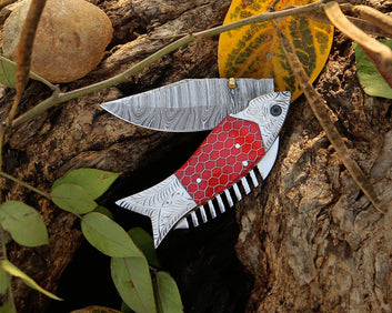 Handmade Damascus Steel Fish Folding Pocket Knife with Red Resin Handle & Leather Pouch – Personalized Gift Birthday gift for Boyfriend