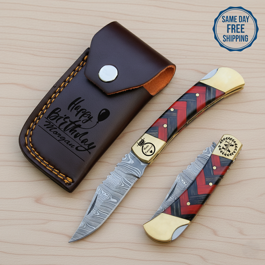 Engraved Damascus Steel Knife, Folding EDC Pocket Blade, Handmade Gift for Outdoor Enthusiasts & Knife Collectors