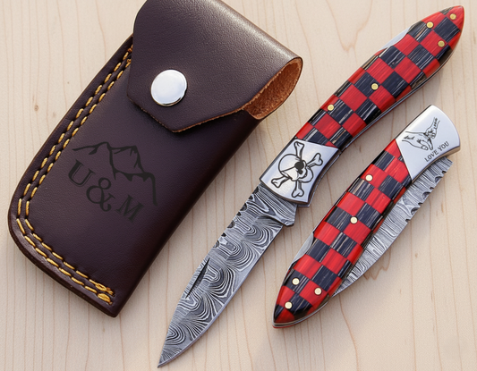 Handmade Damascus Steel Folding Knife – Custom Engraved Pocket Knife for Outdoor, Camping & Gifts.