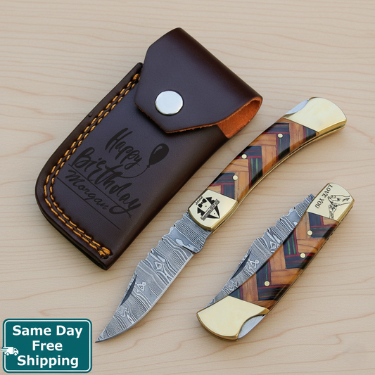 Personalized Damascus Steel Folding Knife, Hand-Forged Blade, Collector’s Choice & Perfect Gift for Men Who Love the Outdoors