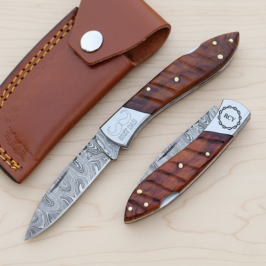 Custom Engraved Damascus Steel Folding Knife | Handmade Pocket Knife with Rose Wood Handle & Leather Sheath | Personalized Gift for Men, Dad & Outdoor Use
