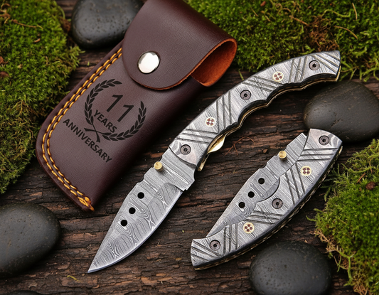 Custom Engraved Damascus Steel Folding Knife | Handmade Anniversary Gift Knife with Leather Sheath | Collector & Outdoor EDC Blade