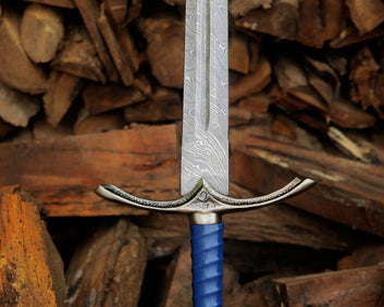 Handmade Damascus Steel Medieval Sword with Blue Handle | Decorative Collectible Sword With Pouch