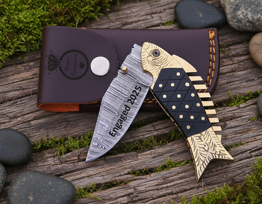 Damascus Steel Hunting & Camping Knife – Handmade Pocket Knife with Engraved Handle  EDC Knife with Pouch. Gift