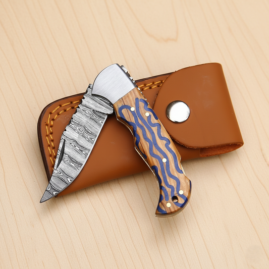 Handmade Damascus Folding Knife | Decorative Blue Handle & Sheath | Ideal EDC Gift for Men