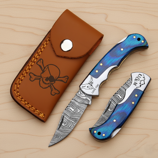 Custom Engraved Damascus Steel Folding Knife | Blue Handle EDC Camping Pocket Knife with Leather Sheath , Gift for Men