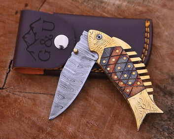 Custom Engraved Damascus Steel Folding Knife | Personalized EDC & Hunting Pocket Knife | Gift for Men