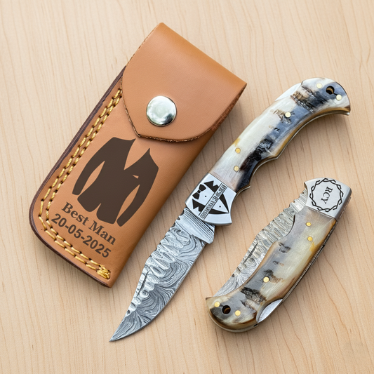 Hand-forge Damascus Steel Back Lock Folding Knife-Engraved Pocket Knife Ram horn Handle.