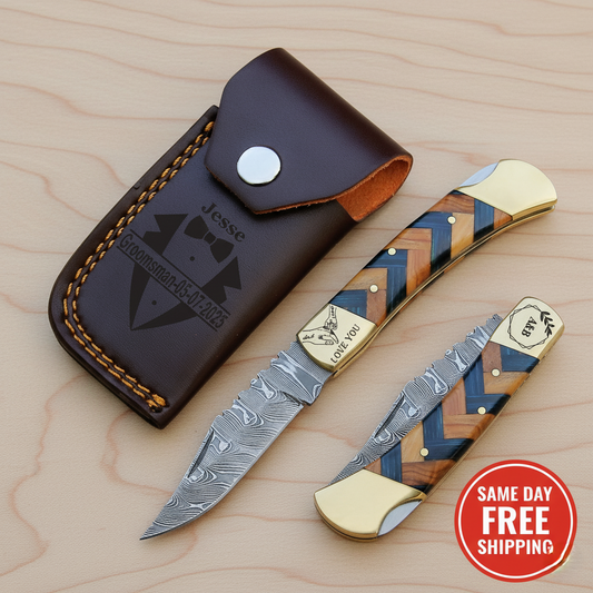 Hand-Forged Damascus Steel Pocket Knife, Personalized Folding Knife for Collectors, Hunters & Gift Giving Olivewood Handle with Sheath.
