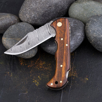 Damascus steel Pocket Knife, Handmade Folding knife with Rosewood handle with Pouch, Groomsman gift wedding gift