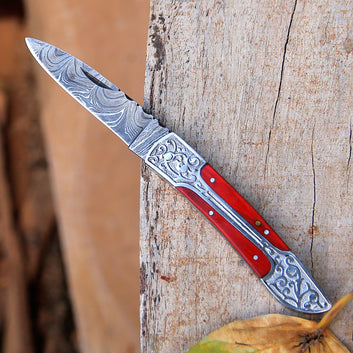 Custom Made Damascus steel Folding Knife Red wood Handle EDC, Camping, Skinner Knife with Pouch.