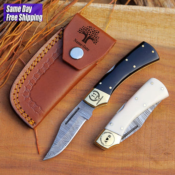 Handmade Damascus Folding Knife – Collectible, Engraved & Gift-Ready Pocket Knife Black Horn Handle.