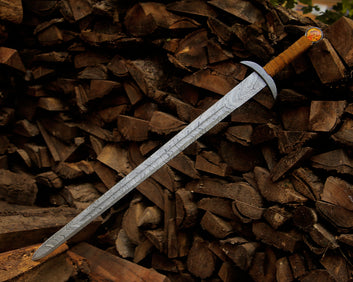 Long Sword Damascus steel Decorative sword with Pouch, Fantasy sword leather wrap handle .