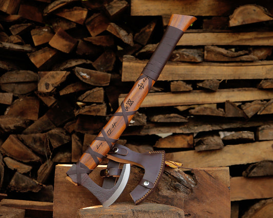 Medieval Viking Axe | Carbon Steel Blade with Leather Wrapped Handle | Custom Engraved Gift for Him | Battle-Ready Display Axe with Sheath.