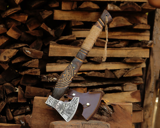 High Carbon Steel Viking Axe | Hand-Carved Wooden Handle | Norse Style Gift for Men & Collectors with Leather Sheath.