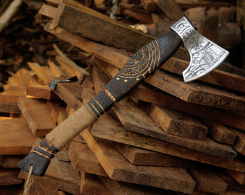 High Carbon Steel Viking Axe | Hand-Carved Wooden Handle | Norse Style Gift for Men & Collectors with Leather Sheath.
