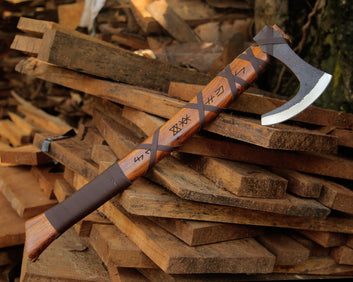 Medieval Viking Axe | Carbon Steel Blade with Leather Wrapped Handle | Custom Engraved Gift for Him | Battle-Ready Display Axe with Sheath.