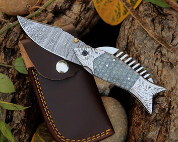 Handmade Damascus Steel Fish Folding Pocket Knife with Leather Pouch – Personalized Gift Anniversary Gift for Husband.