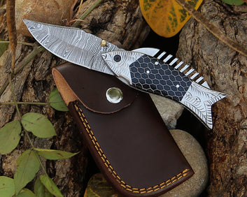 Custom Engraved Damascus Pocket Knife with Black Resin Fish Handle & Leather Pouch Groomsman Wedding Gift for Boys