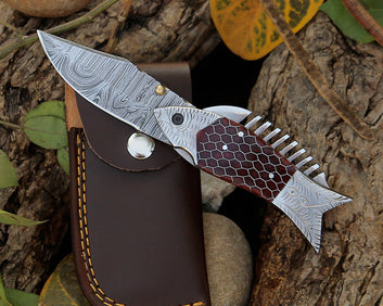 Personalized Handmade Liner Lock Pocket Knife, Damascus steel Folding knife with Pouch, Brown Resin Handle, Anniversary Father's day gift for Men