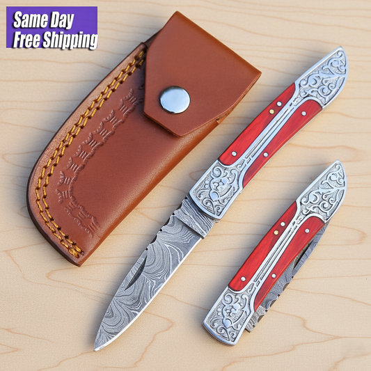 Custom Made Damascus steel Folding Knife Red wood Handle EDC, Camping, Skinner Knife with Pouch.