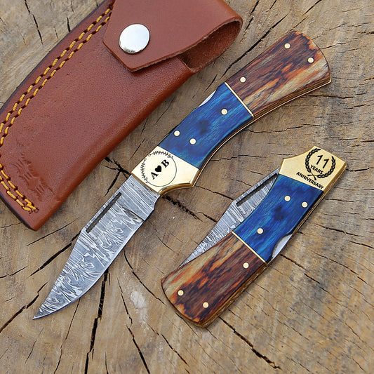 Handmade Damascus Folding Pocket Knife with Olive & Blue Pakka Wood Handle – Collectible EDC Gift.