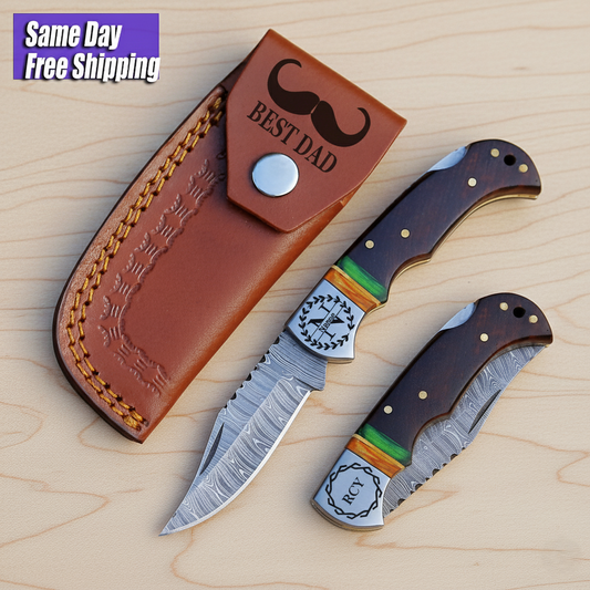 Damascus Steel Pocket Knife – Hunting camping EDC Knife-Engraved Anniversary, Birthday, Father’s Day Gift