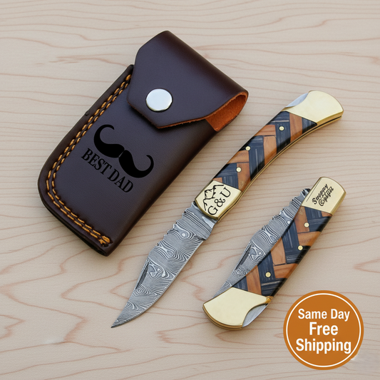 Engraved Damascus Folding Knife , Handmade EDC & Hunting Knife , Perfect Personalized Gift for Men, Dad or Collectors