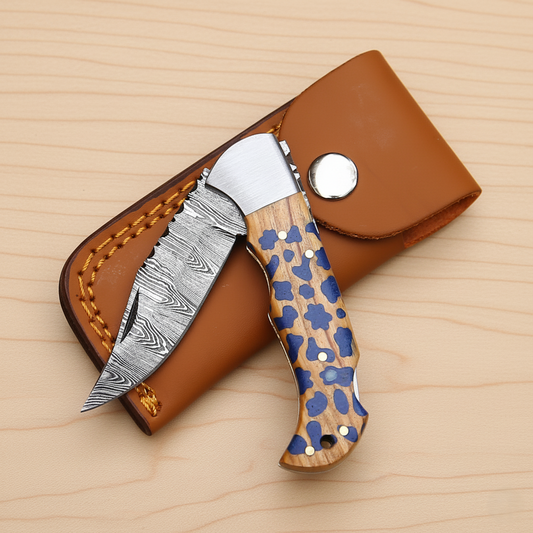Premium Damascus Folding Knife | Blue Pattern Handle & Leather Case | Personalized Gift for Boyfriend or Dad.