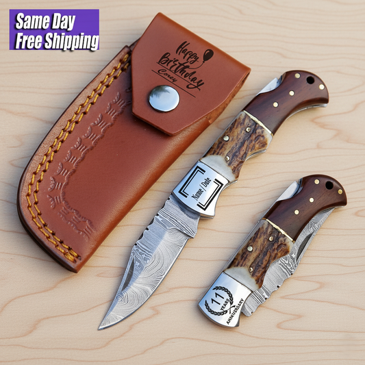 Custom Made Damascus Steel Pocket Knife Stag and Rosewood Handle EDC , Camping hunting Knife With Pouch.