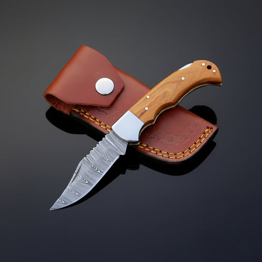 Engraved Damascus steel Olive wood Handle Pocket Knife, Camping EDC Tool Folding Knife with Pouch.