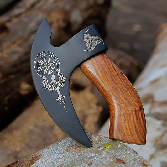 Hand-Forged High Carbon Steel Small  Viking Axe | Norse Engraved Blade with Leather Sheath | Personalized Gift for Him