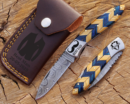 Custom Engraved Damascus Steel Folding Pocket Knife – Personalized Gift for Boyfriend Wood Handle with Pouch.