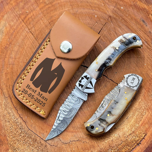 Hand-forge Damascus Steel Back Lock Folding Knife-Engraved Pocket Knife Ram horn Handle.