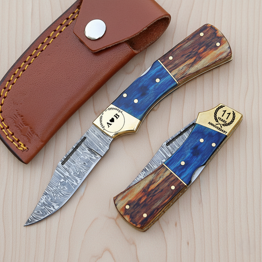 Handmade Damascus Folding Pocket Knife with Olive & Blue Pakka Wood Handle – Collectible EDC Gift.