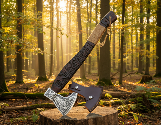 Hand-Forged High Carbon Steel Viking Axe | Personalized Engraved Gift for Him | Battle-Ready Collector’s Axe Rope Wrapped with Sheath.