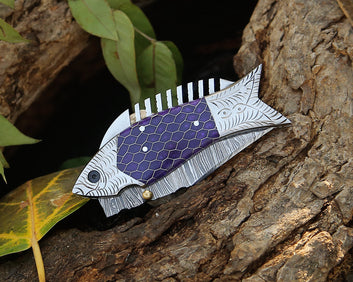 Personalized Damascus Steel Fish Pocket Knife with Purple Honeycomb Handle & Leather Sheath – Custom Engraved Gift for Him