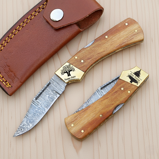 Personalized Damascus Steel Pocket Knife – Engraved Groomsmen Gift & Keepsake Olivewood Handle With Pouch.
